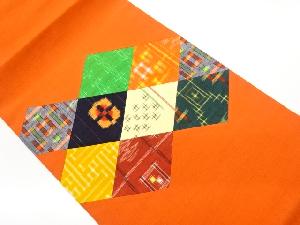 リサイクル　手織り紬切り嵌め菱に絣模様織出し開き名古屋帯（額縁仕立て）